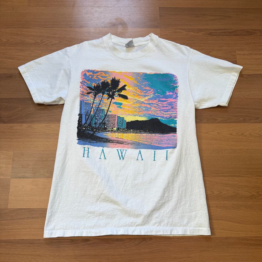 Vintage 90's Hawaii White Neon Multicolor Tropical Nature Ocean Shirt Sz Large